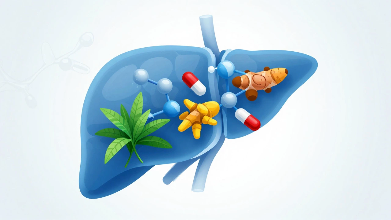 Illustration of liver enzymes interacting with herbs and pills