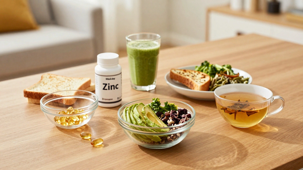 Organized bowls of vitamins paired with meals representing a timed supplement schedule