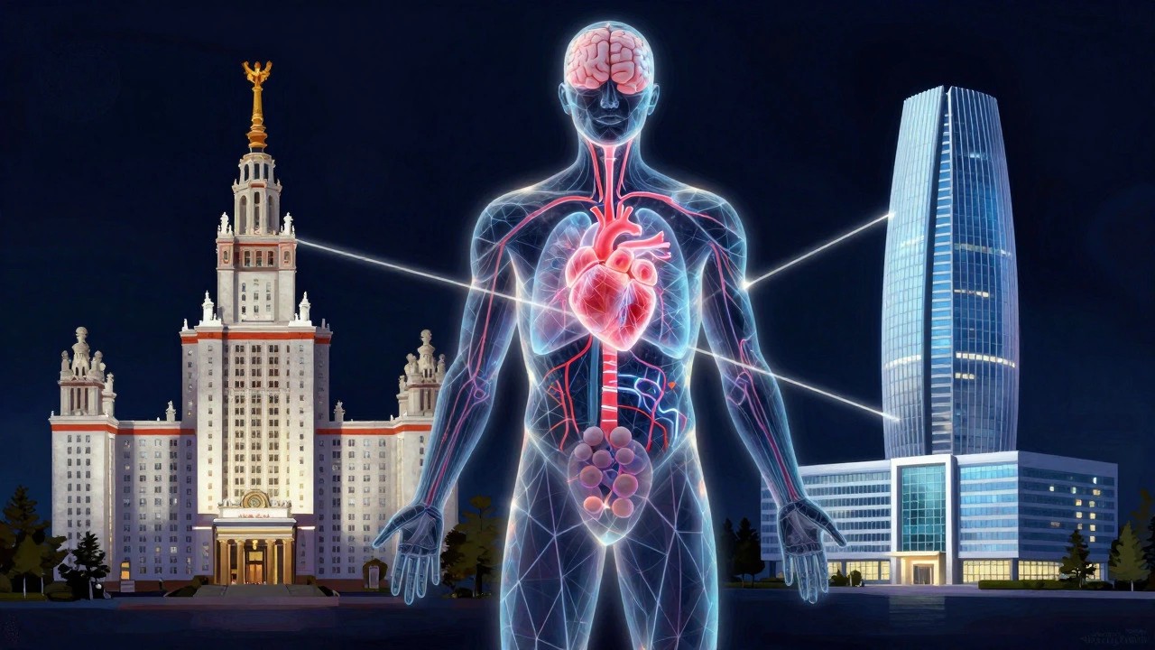 Abstract illustration of a patient silhouette surrounded by diverse global hospital structures.