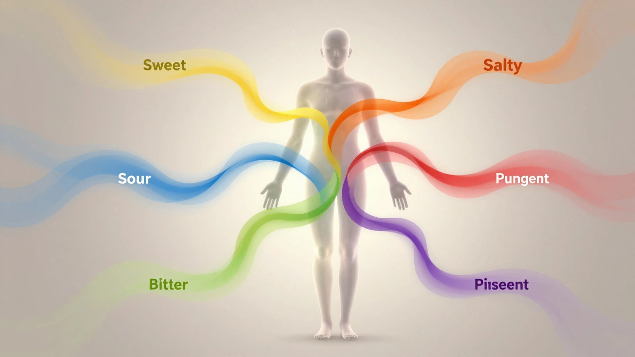 Abstract illustration of six Ayurvedic tastes flowing around a human silhouette