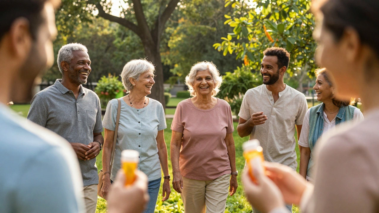 Cancer survivors enjoying outdoor life in a sunny garden