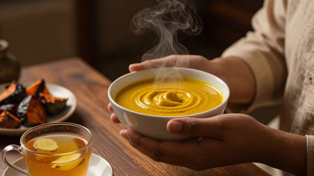 Close-up of hands holding a bowl of warm turmeric soup in a cozy setting