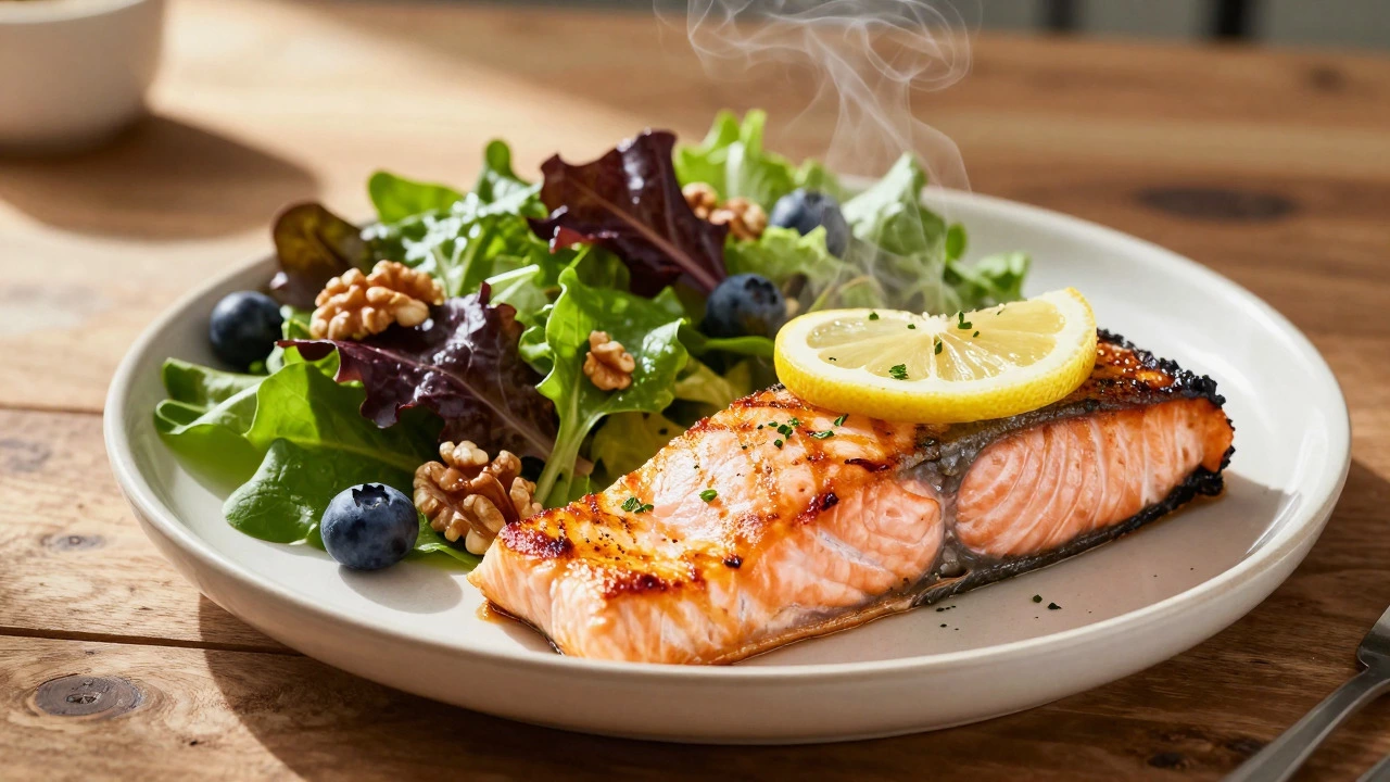 Grilled salmon served with a spinach and blueberry salad