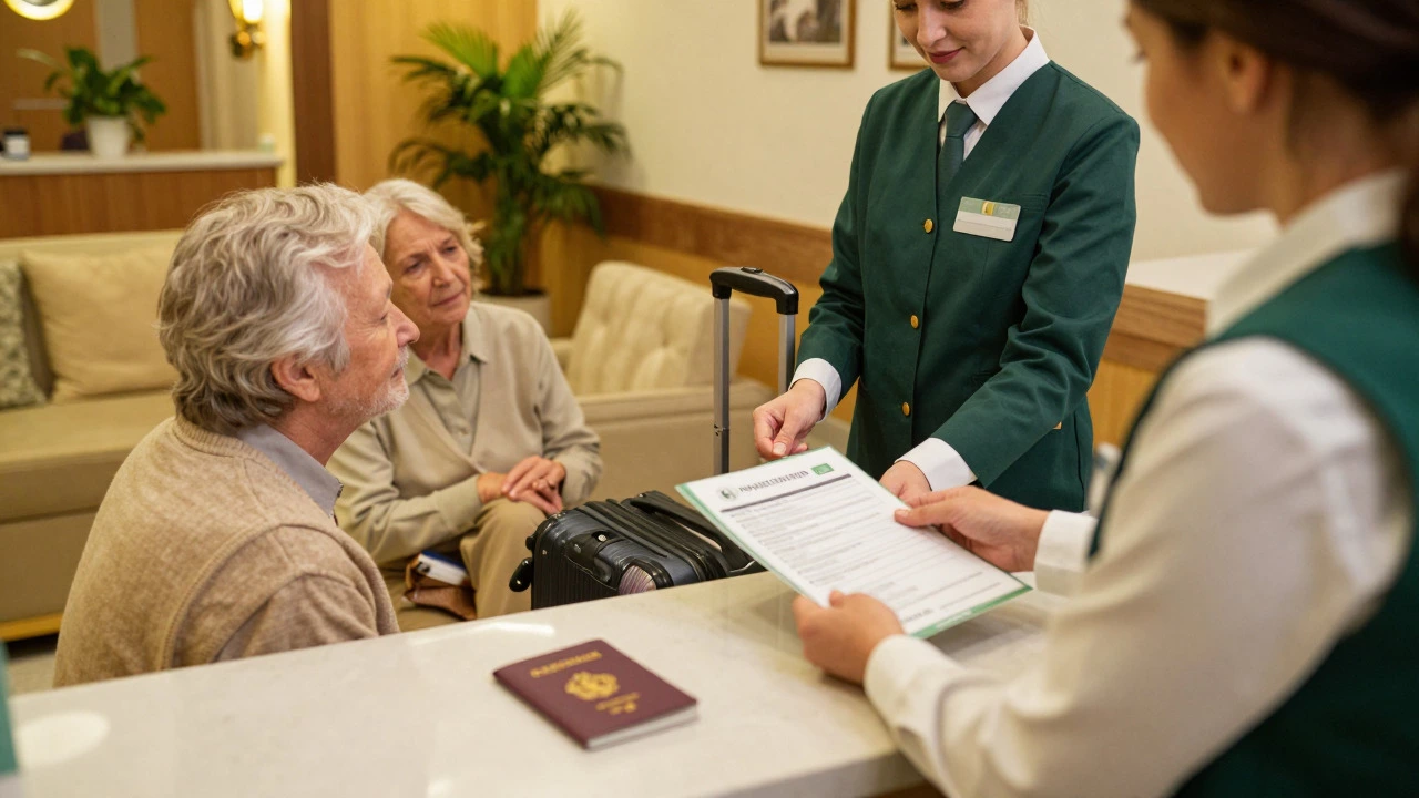 Hospital concierge assisting travelers with luggage and documents in a welcoming lounge.