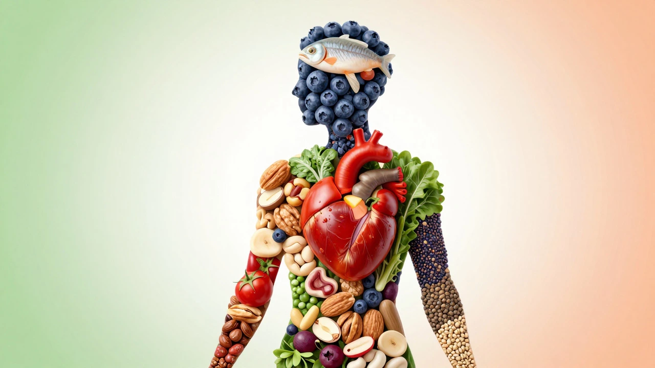 Human silhouette composed of healthy foods like fish and greens