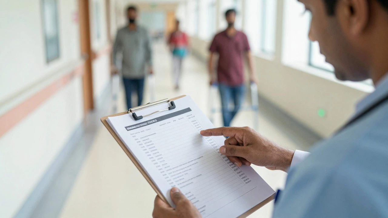 Medical team reviewing patient discharge checklist in hospital corridor