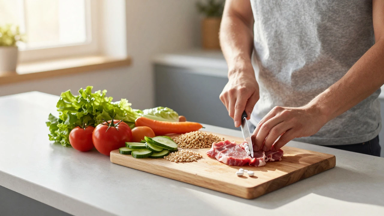Person preparing a healthy meal with protein and vegetables on a sunlit kitchen counter