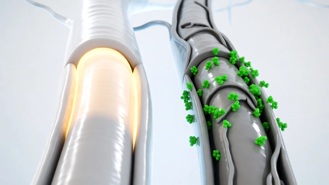 3D diagram comparing healthy and damaged nerve myelin sheaths