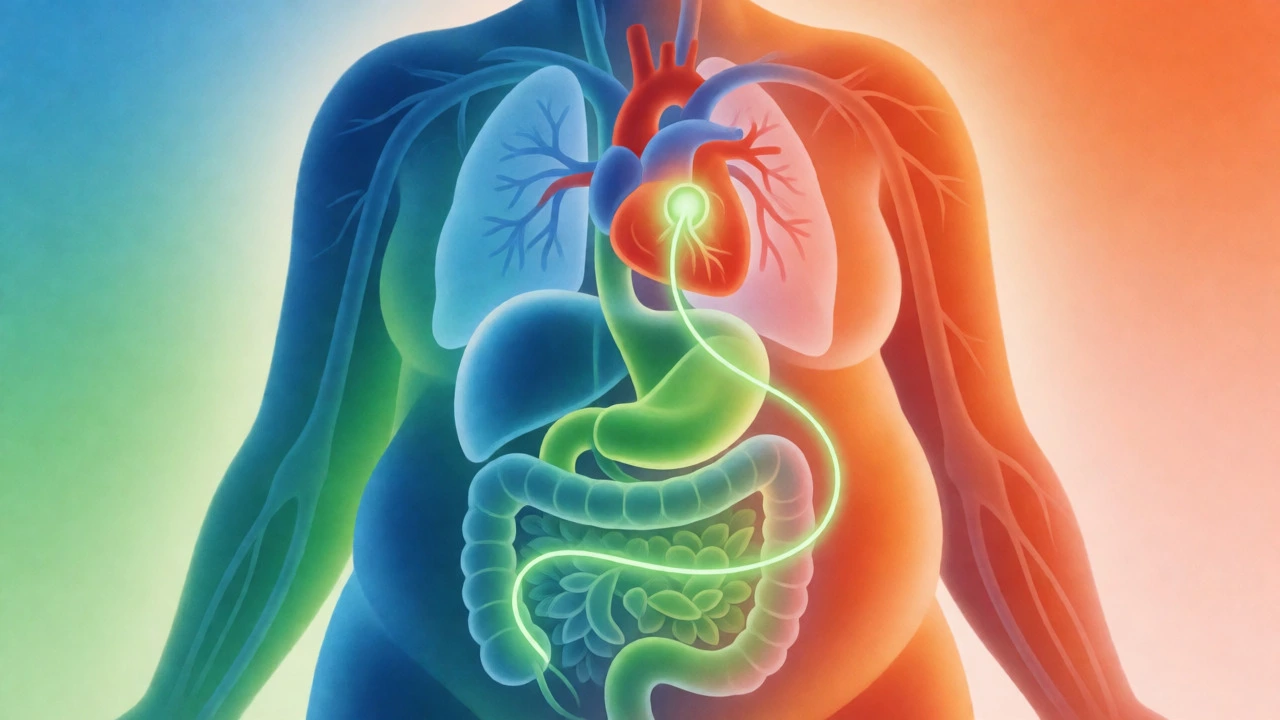 Conceptual art showing the link between gut health, heart protection, and weight loss.