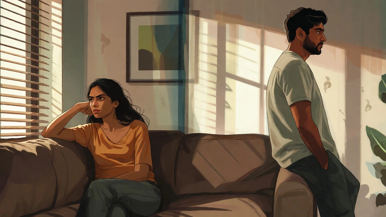 Couple in living room separated by abstract barrier showing relationship strain