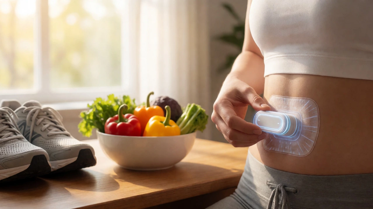 Hand holding a wearable diabetes device next to healthy food and running shoes.