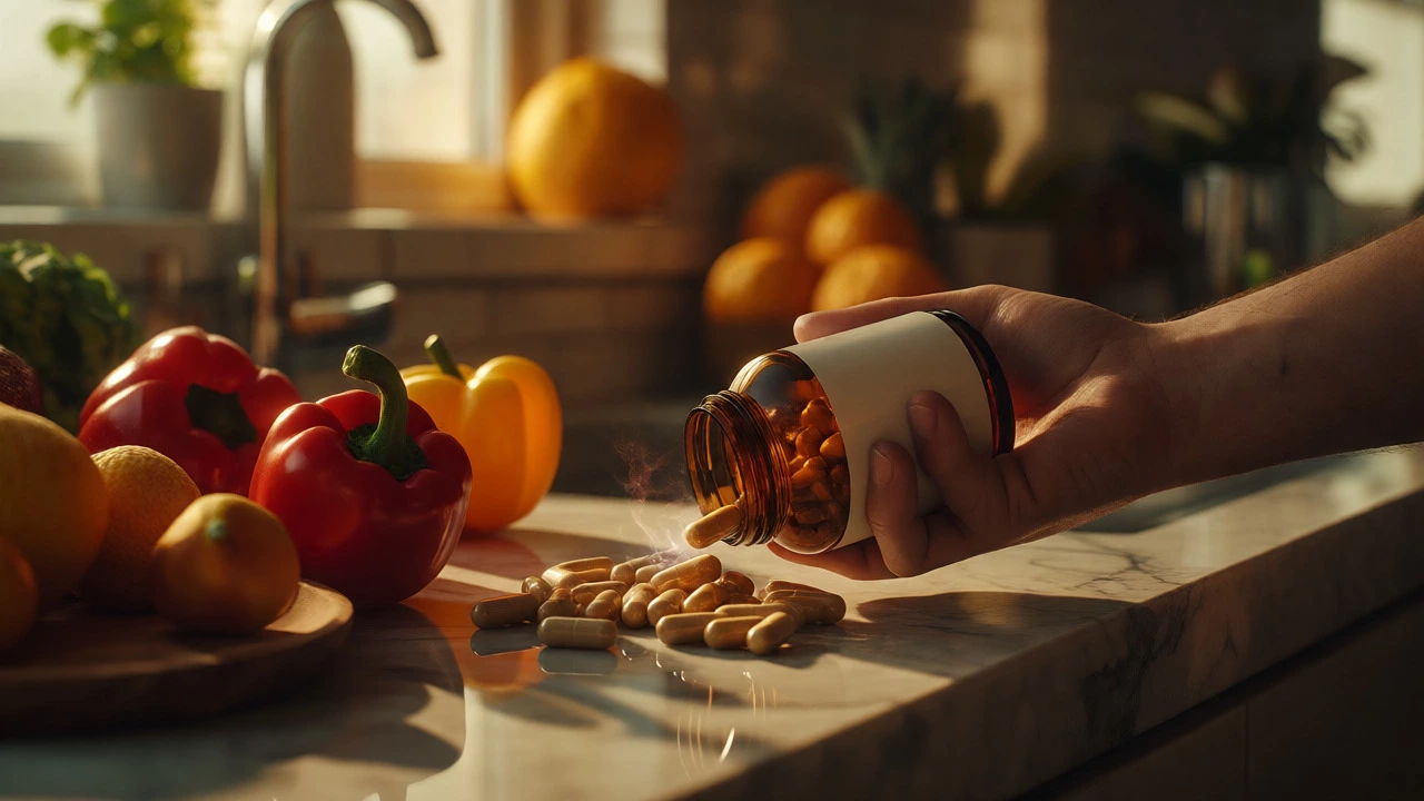 Hand holding supplement pills next to fresh fruits in a kitchen