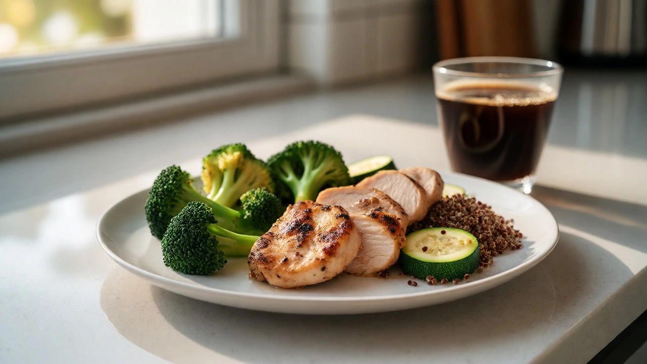 Healthy high-protein meal with black coffee