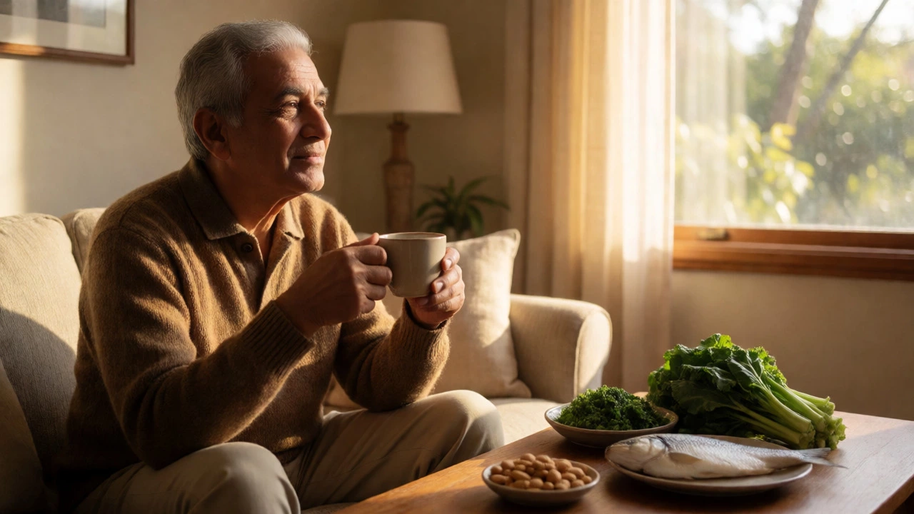 Man relaxing in sunlight with nutrient-rich foods nearby