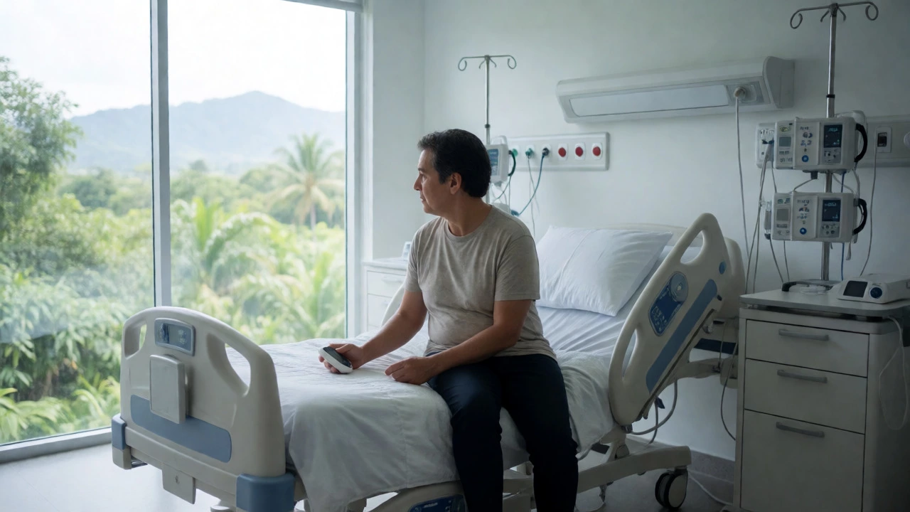 Patient in a modern private hospital room overlooking tropical scenery while using a glucose monitor.