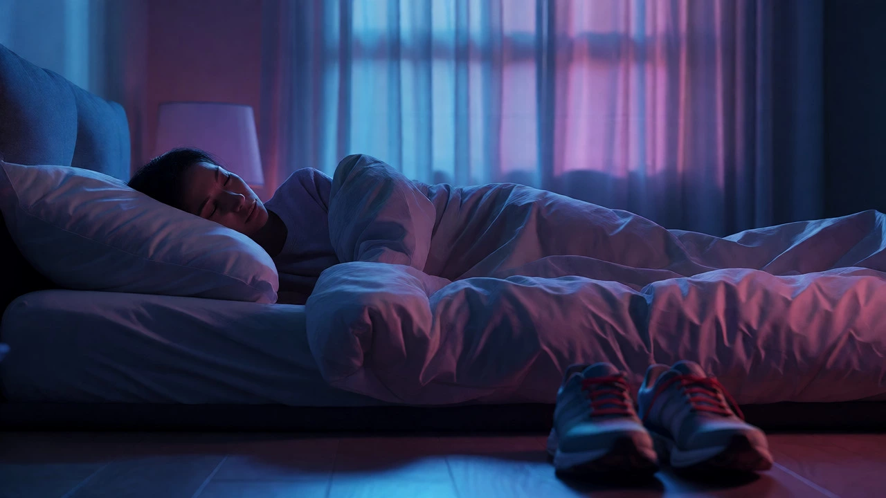 Peaceful sleeper in dim bedroom with shoes