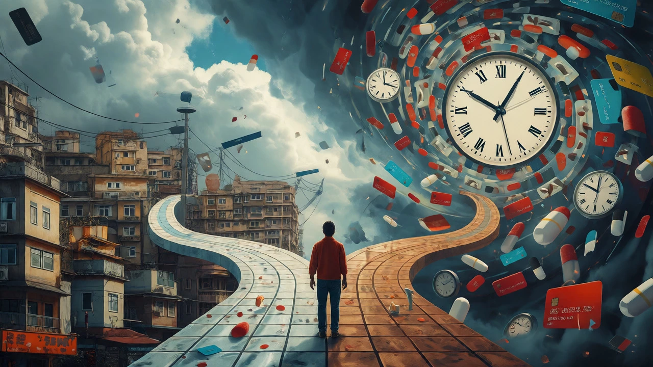 Person at crossroads choosing between chaotic spiral and orderly path
