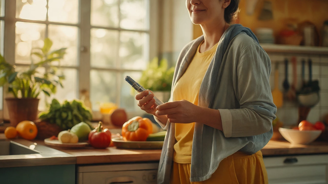 Person holding medication in a sunny kitchen looking confident