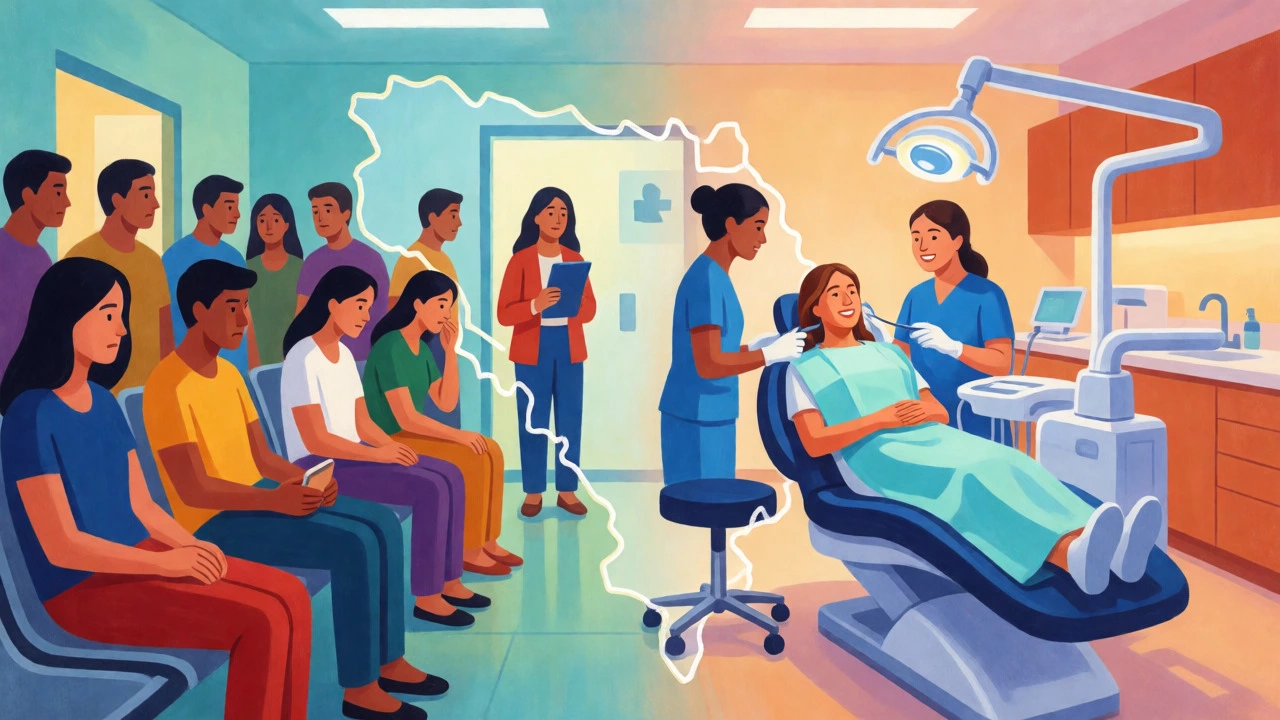 Split view contrasting a crowded public clinic waiting area with a luxurious private medical suite.