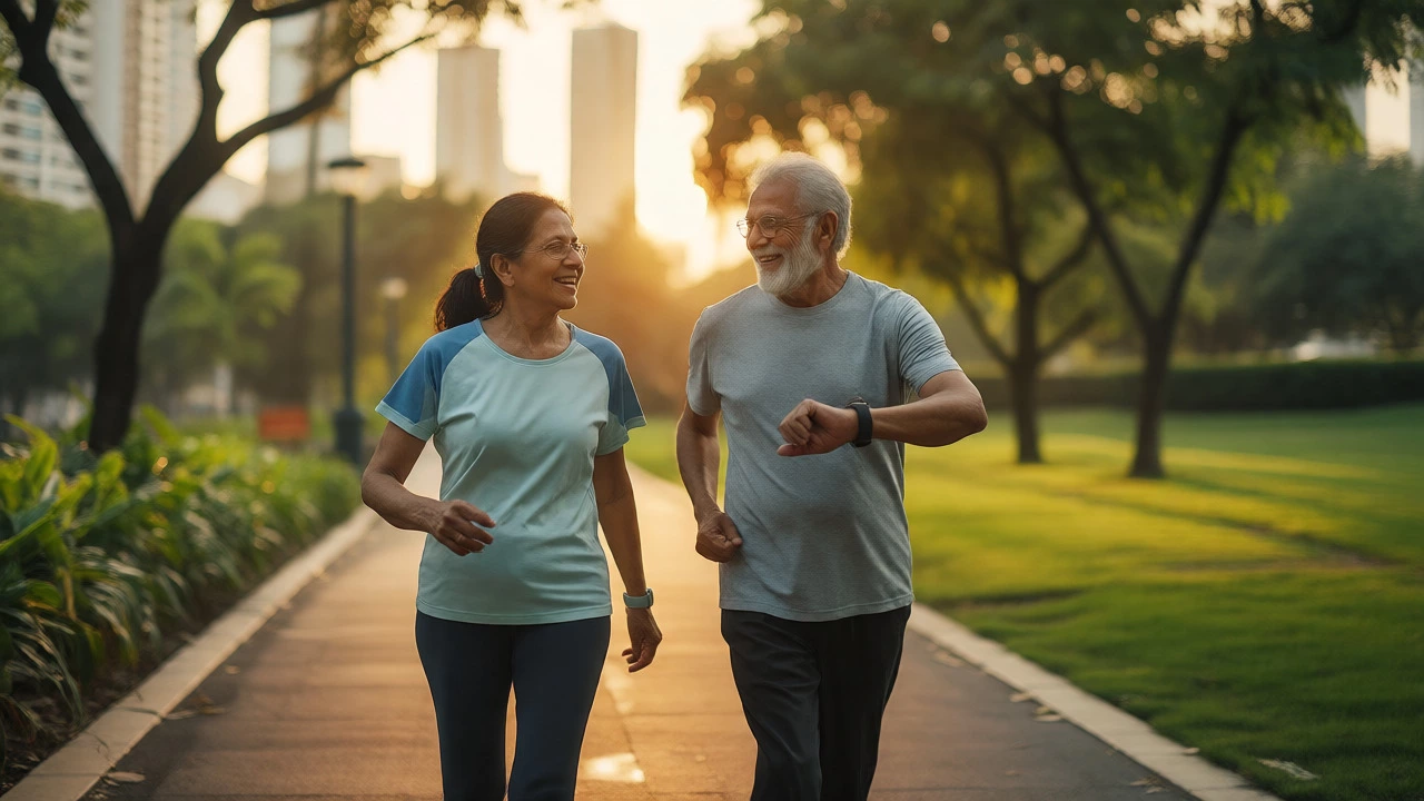 Active senior couple walking in park at sunset representing healthy aging