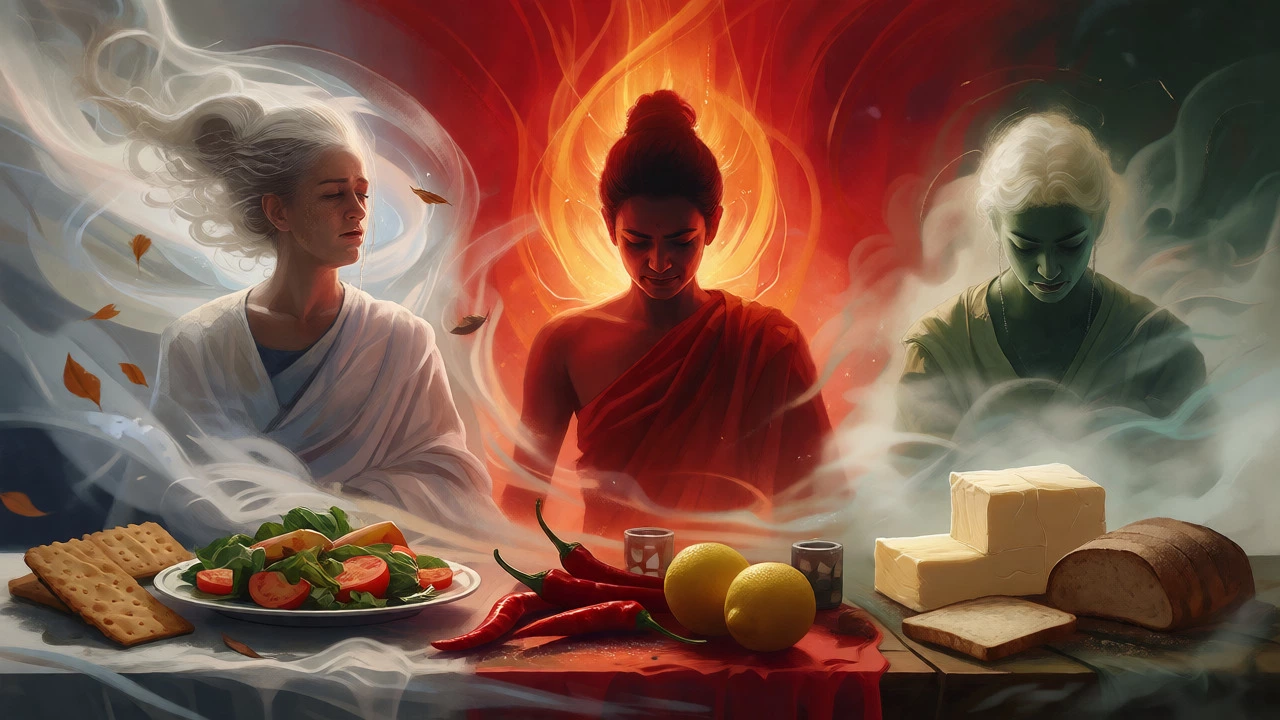 Artistic depiction of Vata, Pitta, and Kapha doshas reacting to specific inflammatory foods.