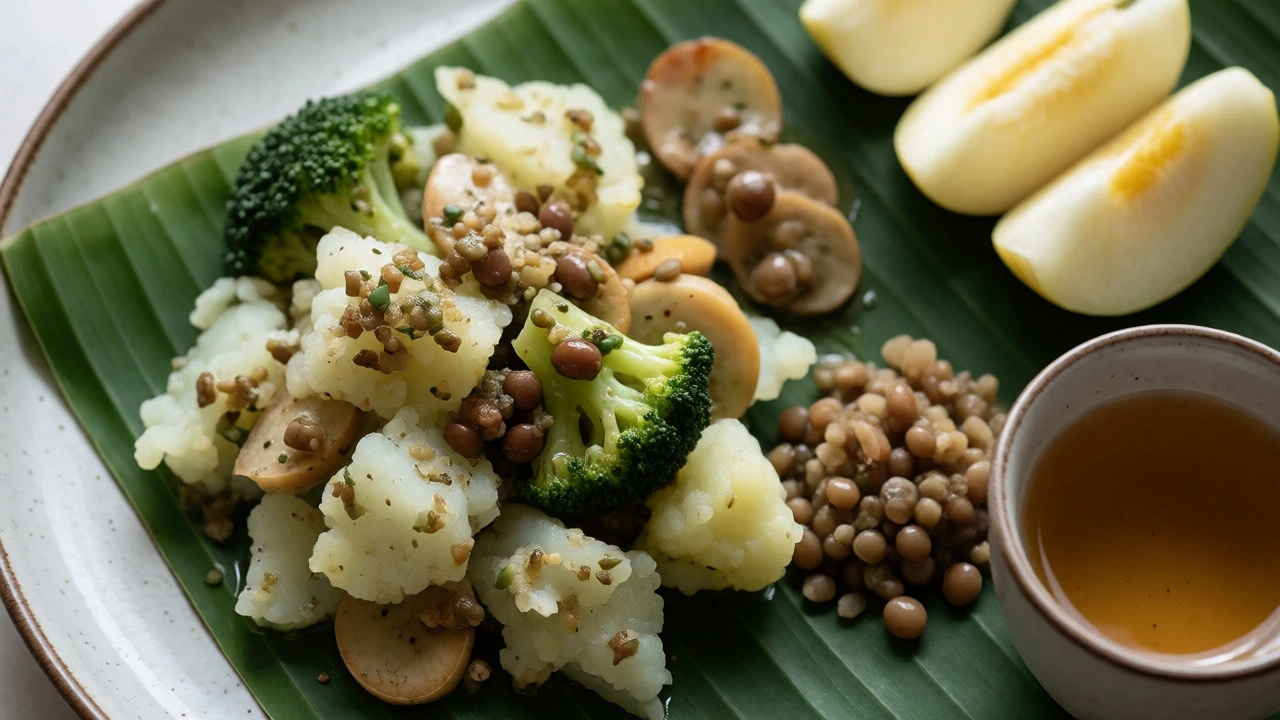Balanced Ayurvedic meal with steamed veggies and separate fruit
