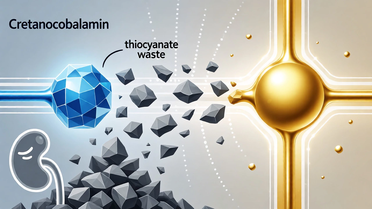 Conceptual art comparing cyanocobalamin waste buildup vs methylcobalamin flow