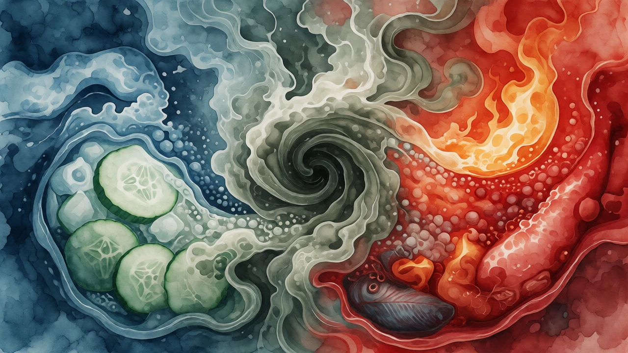 Conceptual art showing conflicting food energies creating toxic Ama