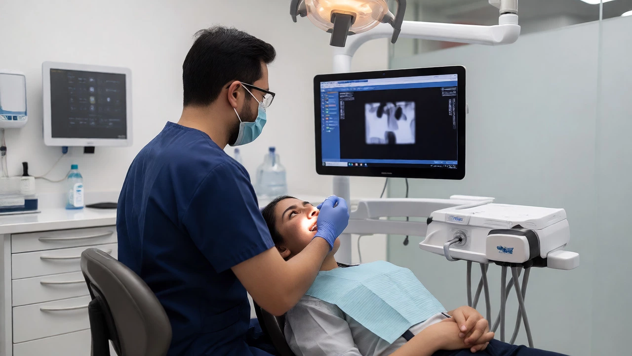 Dentist performing exam in high-tech Mexican clinic