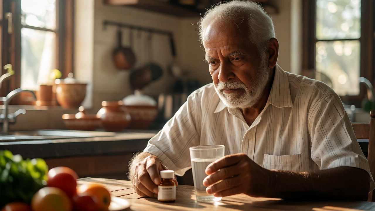 Elderly Indian man contemplating vitamin supplements with a glass of water