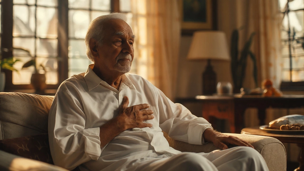 Elderly man in India contemplating heart health in a sunlit room