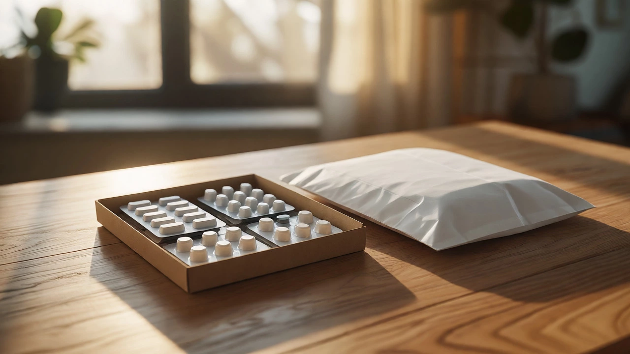 Open Amazon Pharmacy package with generic meds on a wooden table.