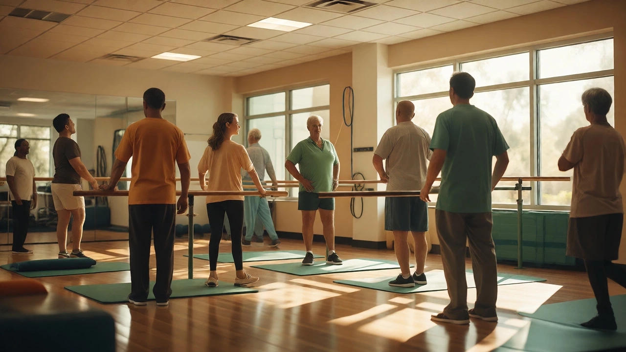 Patients undergoing physical therapy in a sunlit rehabilitation center