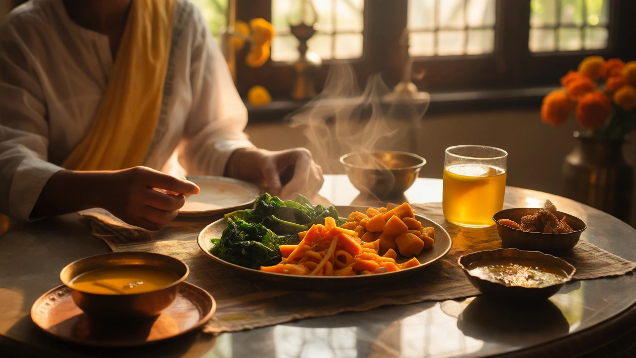 Person eating a warm, cooked Ayurvedic lunch with turmeric tea and steamed vegetables.