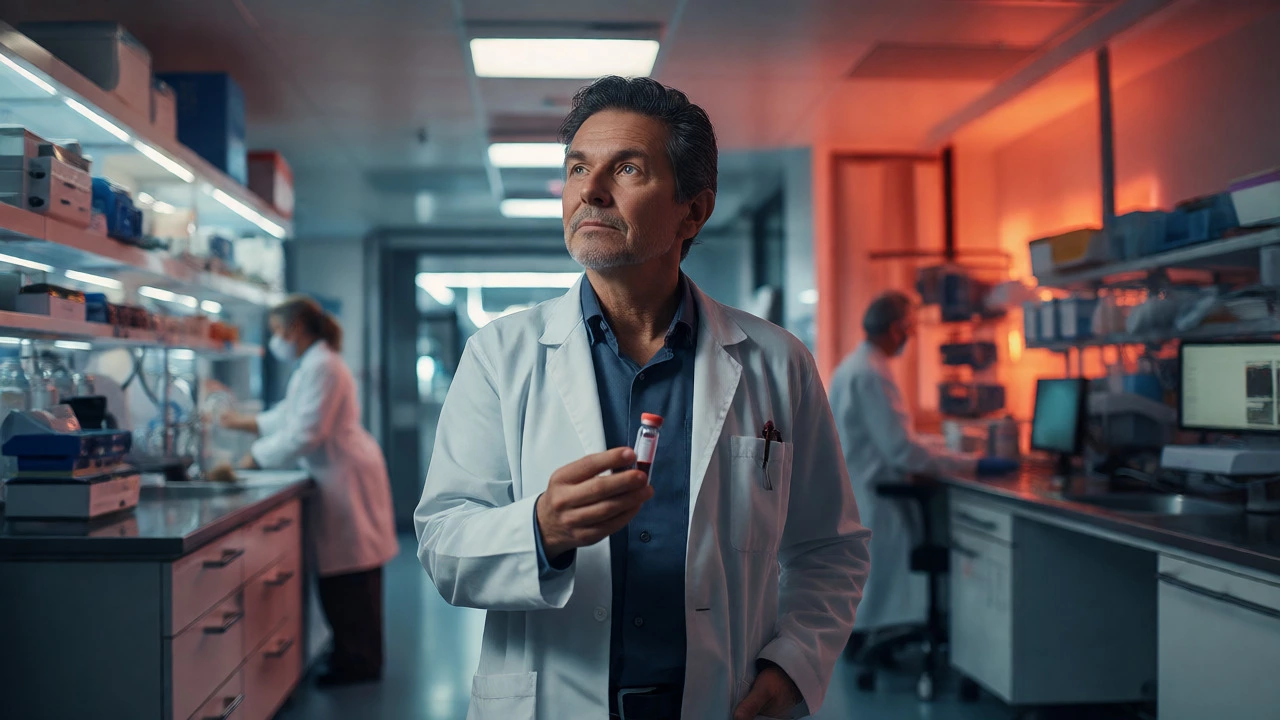 Professional in 40s holding blood sample in modern lab for metabolic screening