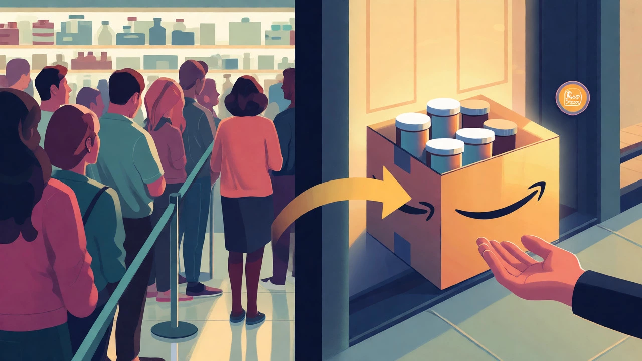 Split view contrasting a busy pharmacy line with easy home delivery.