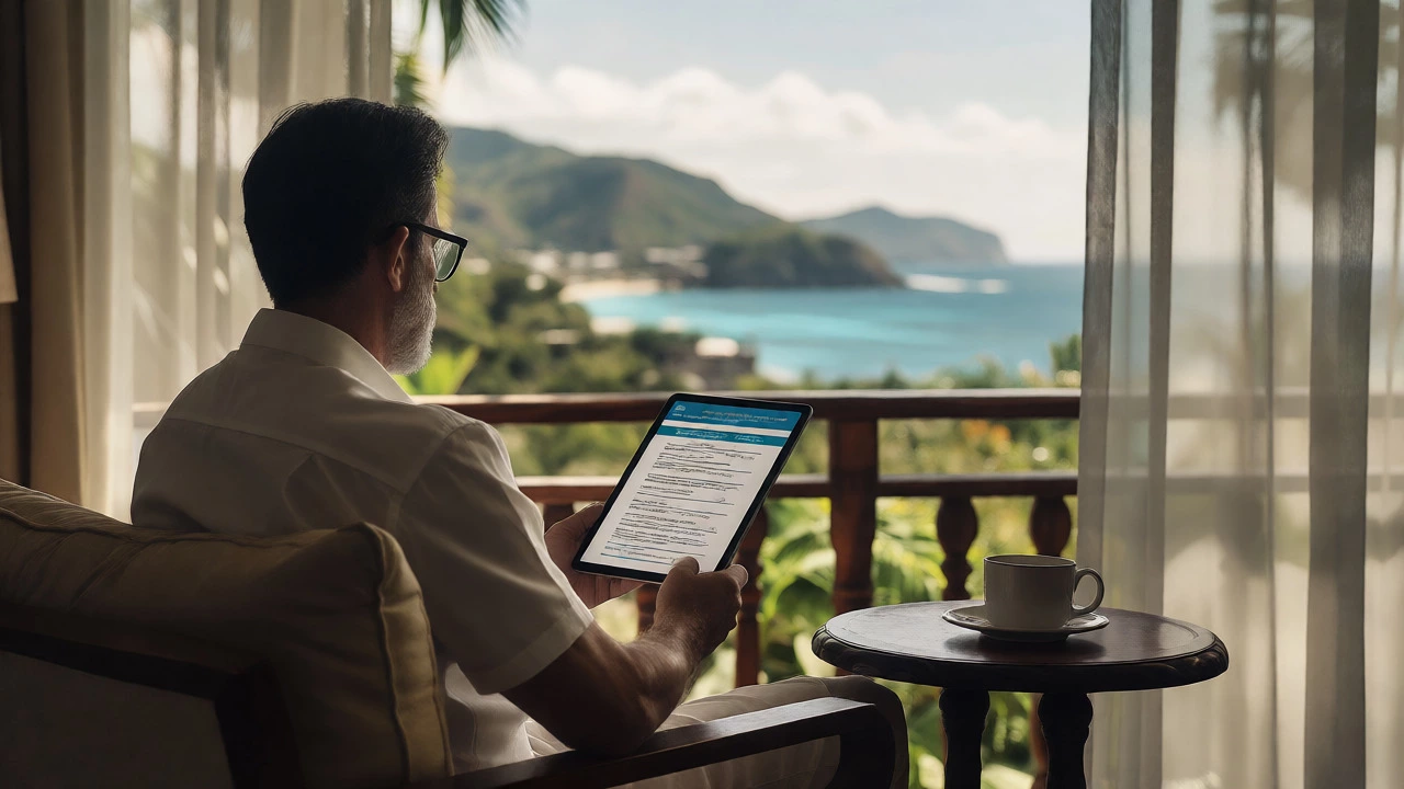 Traveler reviewing post-op care on hotel balcony